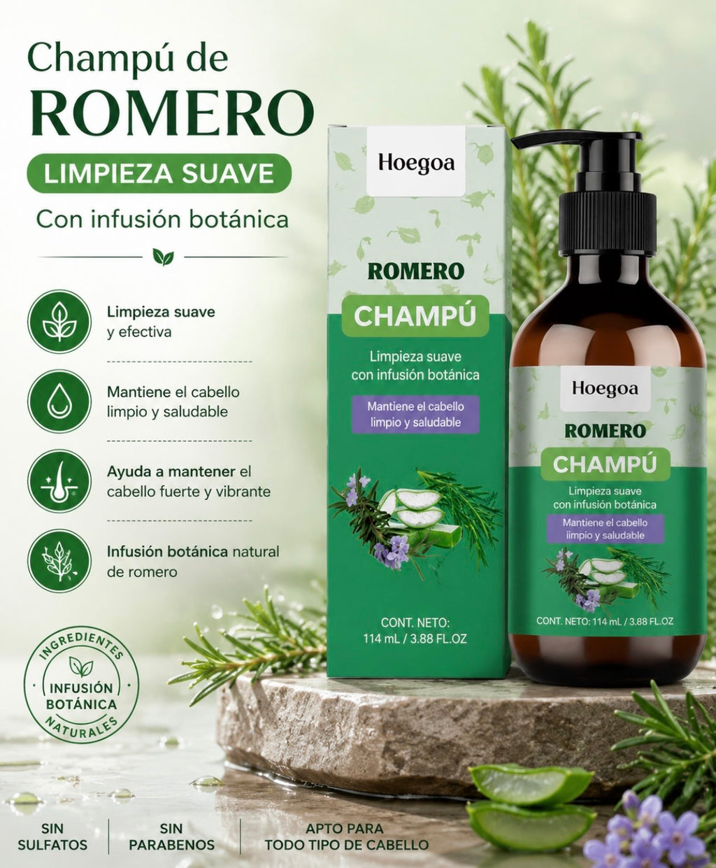 Champú para el crecimiento del cabello con romero - Fórmula botánica para un cabello más fuerte y saludable